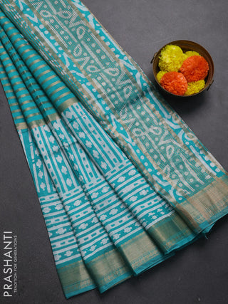 Teal Green Semi Chanderi Saree - Batik Prints