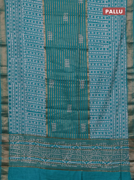 Teal Green Semi Chanderi Saree - Batik Prints