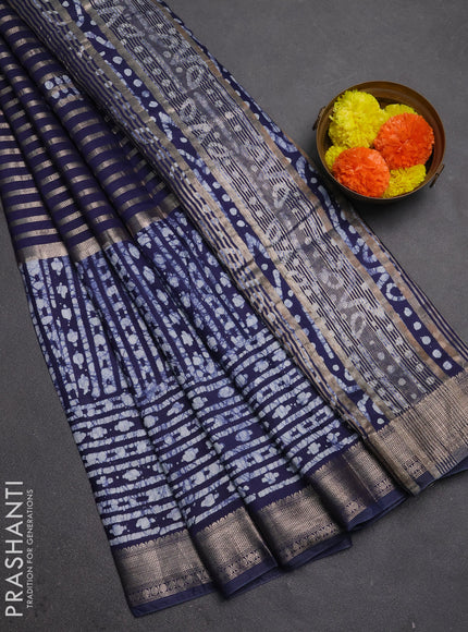 Navy Blue Semi Chanderi Saree - Batik Prints