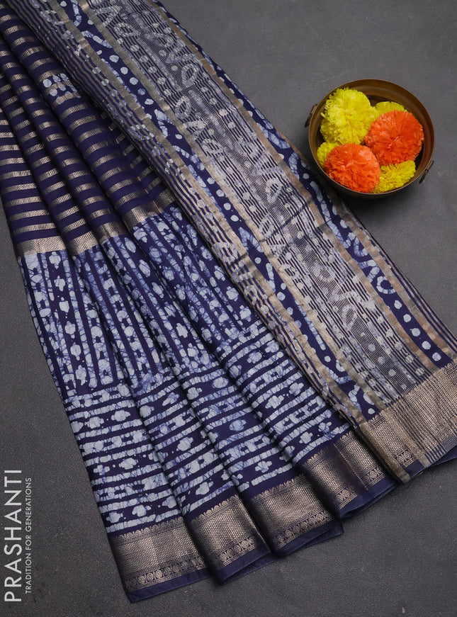 Navy Blue Semi Chanderi Saree - Batik Prints