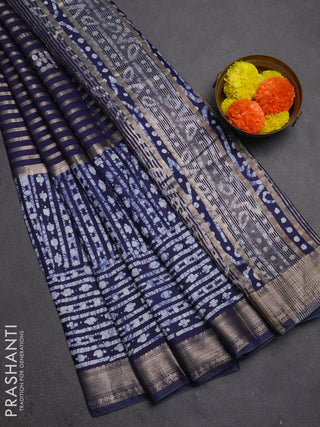 Navy Blue Semi Chanderi Saree - Batik Prints