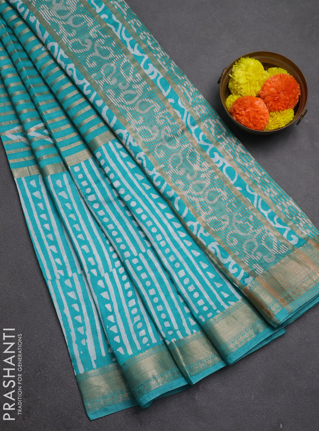 Teal Green Semi Chanderi Saree - Batik Prints
