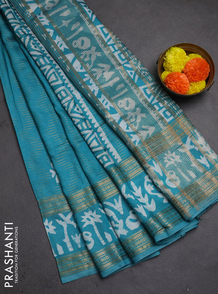 Teal Green Semi Chanderi Saree - Batik Prints