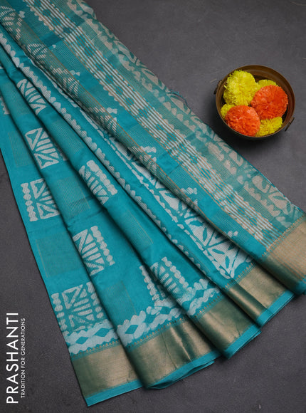 Teal Semi Chanderi Saree - Batik Prints