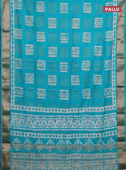 Teal Semi Chanderi Saree - Batik Prints