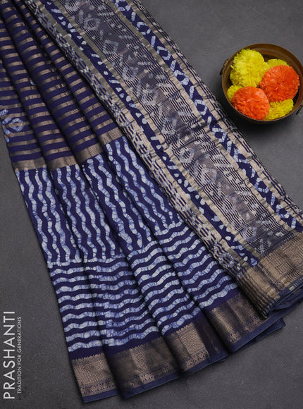 Navy Blue Semi Chanderi Saree - Batik Prints