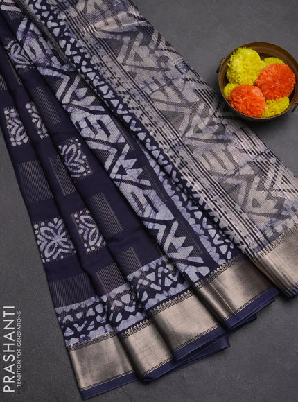 Navy Blue Semi Chanderi Saree - Batik Prints