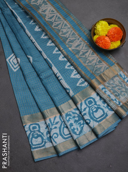 Teal Blue Semi Chanderi Saree - Batik Prints