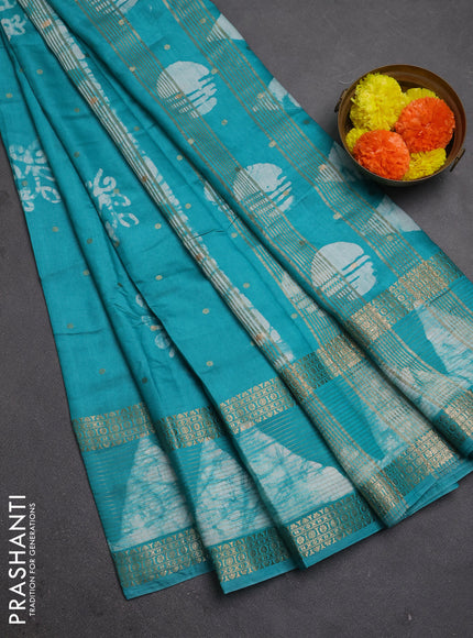 Teal Green Semi Chanderi Saree - Batik Prints