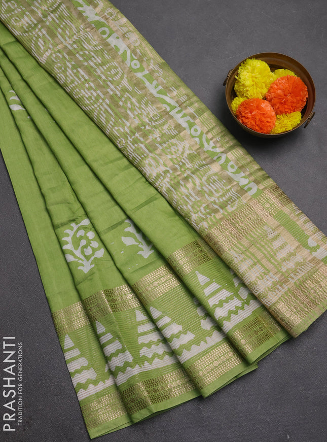 Light Green Semi Chanderi Saree - Batik Prints