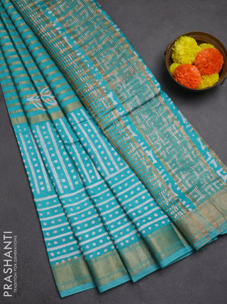 Teal  Semi Chanderi Saree - Batik Prints