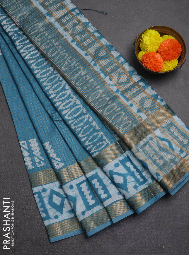 Teal Green Semi Chanderi Saree - Batik Prints