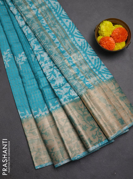 Teal Blue Semi Chanderi Saree - Batik Prints