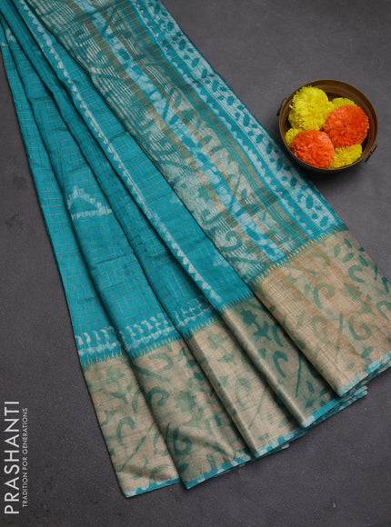 Teal  Semi Chanderi Saree - Batik Prints