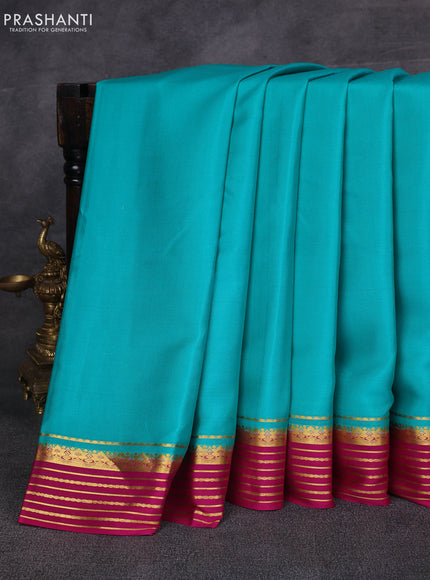 Teal Blue & Pink Pure Mysore Silk Saree -Contarst Border