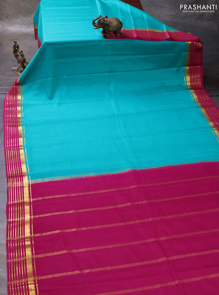 Teal Blue & Pink Pure Mysore Silk Saree -Contarst Border