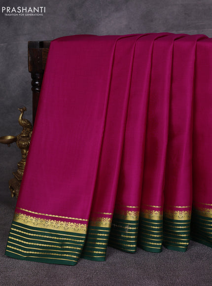 Magenta Pink & Green Pure Mysore Silk Saree -Contarst Border