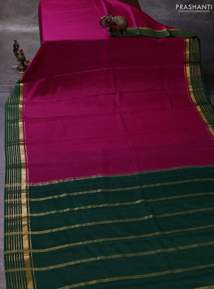 Magenta Pink & Green Pure Mysore Silk Saree -Contarst Border