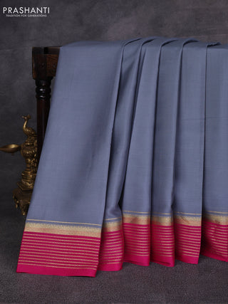 Grey & Pink Pure Mysore Silk Saree -Contarst Border