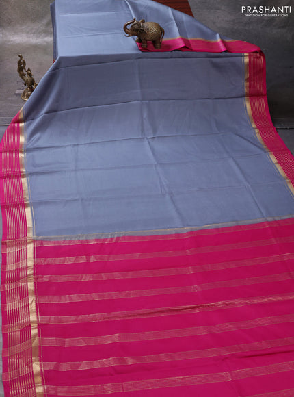 Grey & Pink Pure Mysore Silk Saree -Contarst Border
