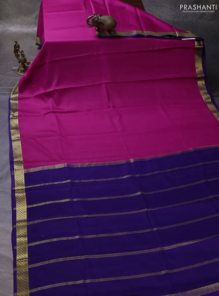 Magenta Pink & Blue Pure Mysore Silk Saree -Contarst Border