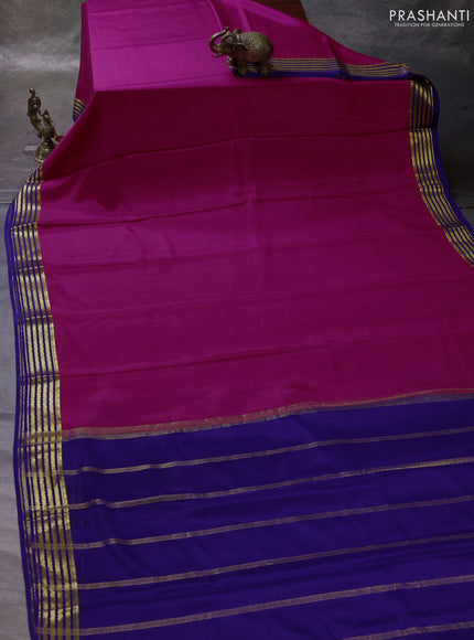 Magenta Pink & Blue Pure Mysore Silk Saree -Contarst Border