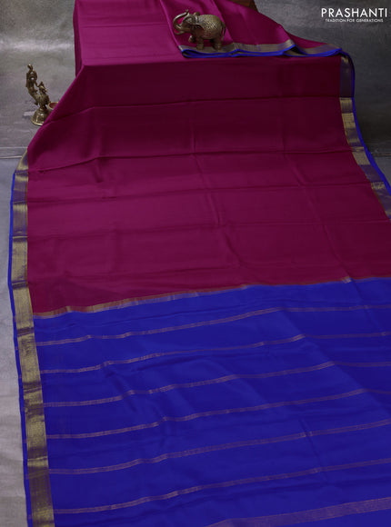 Magenta Pink & Blue Pure Mysore Silk Saree -Contarst Border