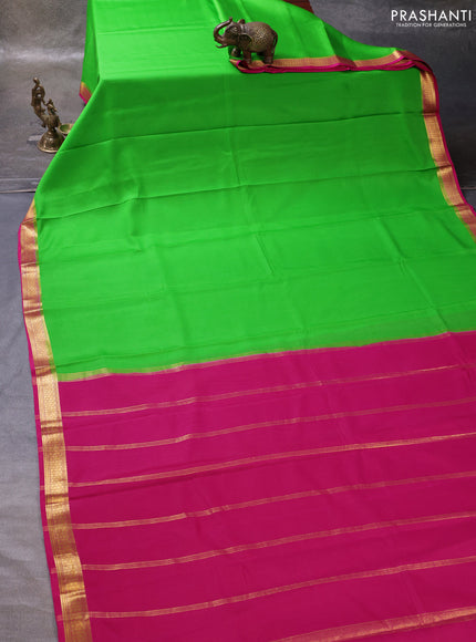 Light Green & Pink Pure Mysore Silk Saree -Contarst Border