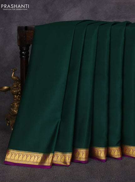 Bottle Green & Purple Pure Mysore Silk Saree -Contarst Border