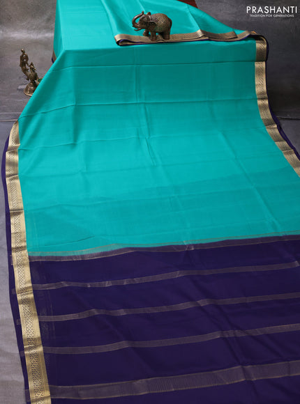 Teal Green & Blue Pure Mysore Silk Saree -Contarst Border