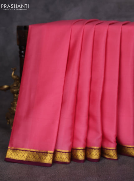 Peach Pink & Wine Pure Mysore Silk Saree -Contarst Border