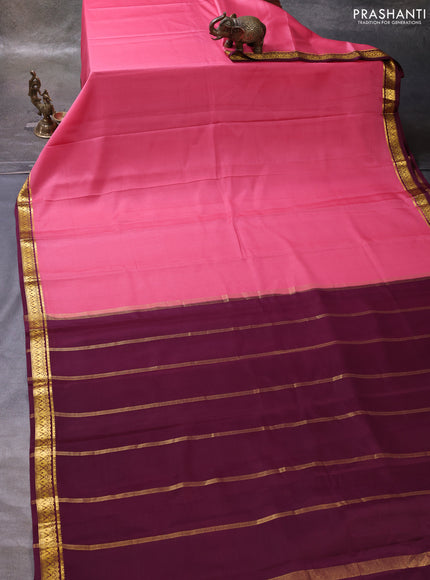 Peach Pink & Wine Pure Mysore Silk Saree -Contarst Border