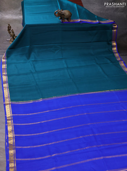 Peacock Blue & Blue Pure Mysore Silk Saree -Contarst Border