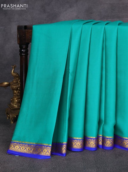 Teal  & Blue Pure Mysore Silk Saree -Contarst Border