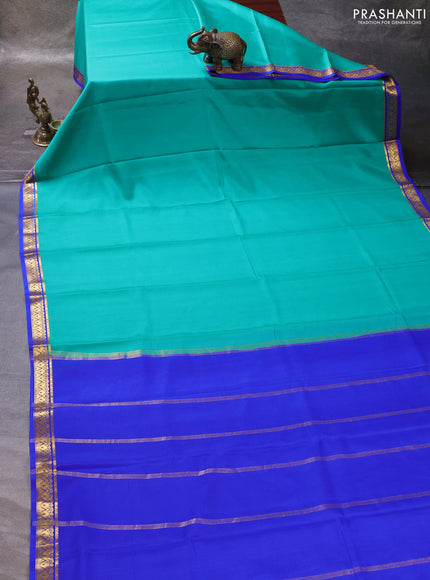 Teal  & Blue Pure Mysore Silk Saree -Contarst Border