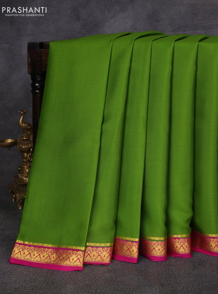 Light Green & Pink Pure Mysore Silk Saree -Contarst Border