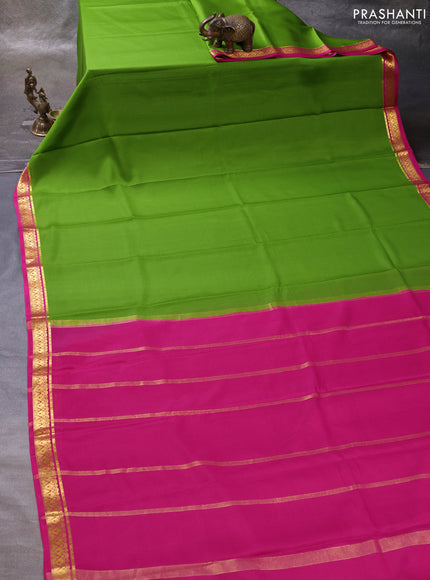 Light Green & Pink Pure Mysore Silk Saree -Contarst Border