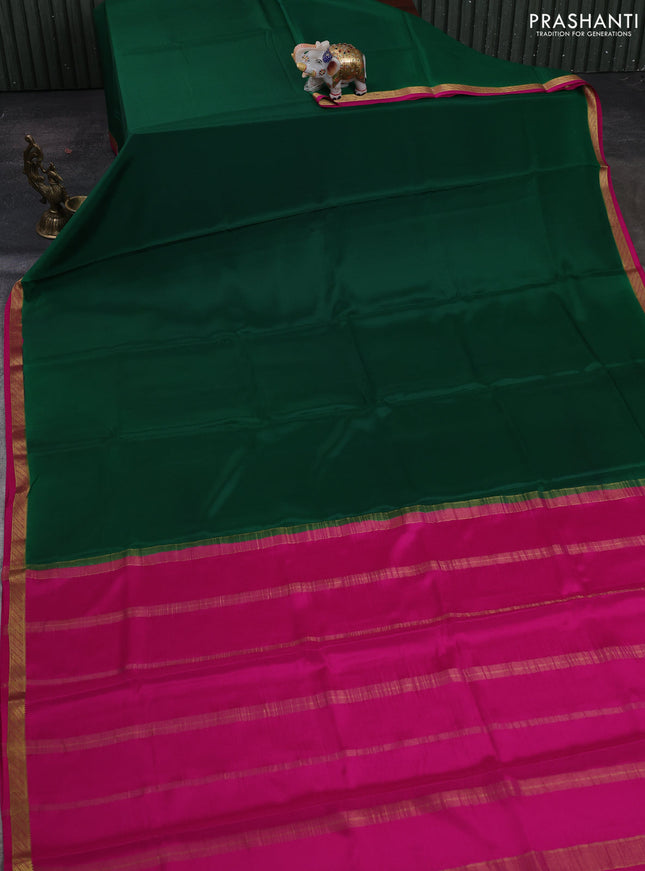 Green & Pink Pure Mysore Silk Saree - Contrast Border