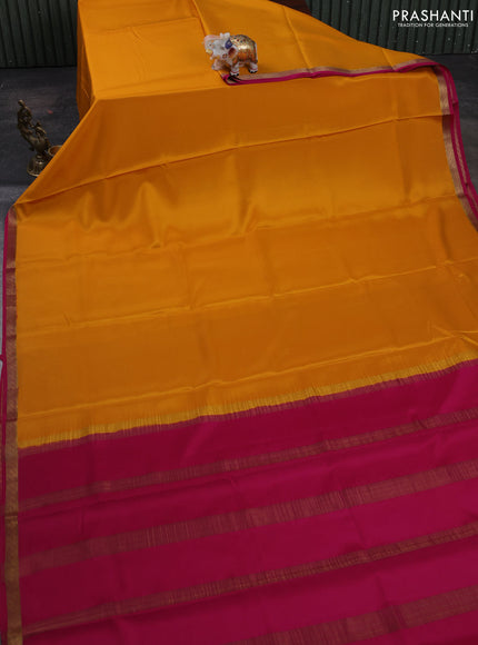 Yellow& Pink Pure Mysore Silk Saree -Contarst Border