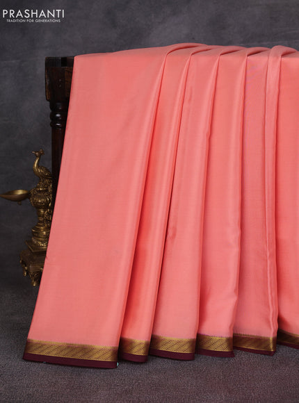Peach & Brown Pure Mysore Silk Saree -Contarst Border