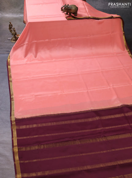 Peach & Brown Pure Mysore Silk Saree -Contarst Border