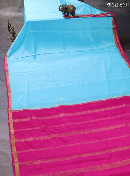 Light Blue & Pink Pure Mysore Silk Saree -Contarst Border