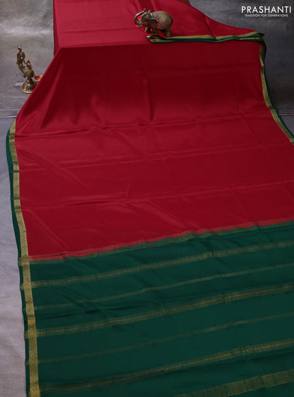 Red& Green Pure Mysore Silk Saree -Contarst Border