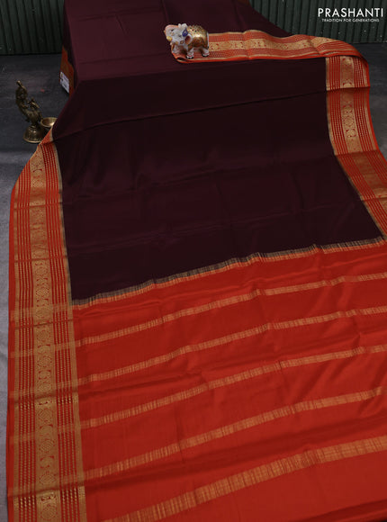 Coffee Brown& Rust  Pure Mysore Silk Saree -Contarst Border