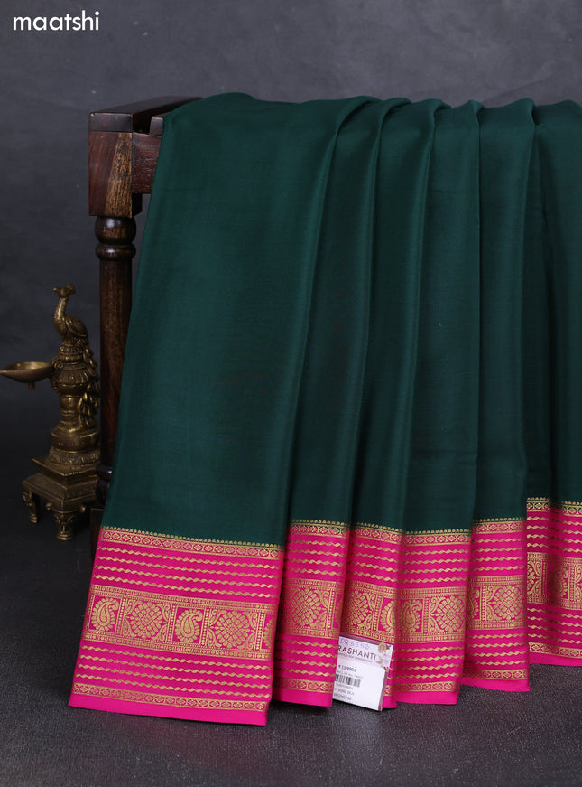 Bottle Green & Pink Pure Mysore Silk Saree - Contrast Border