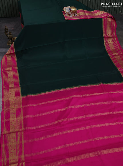 Bottle Green& Pink Pure Mysore Silk Saree -Contarst Border