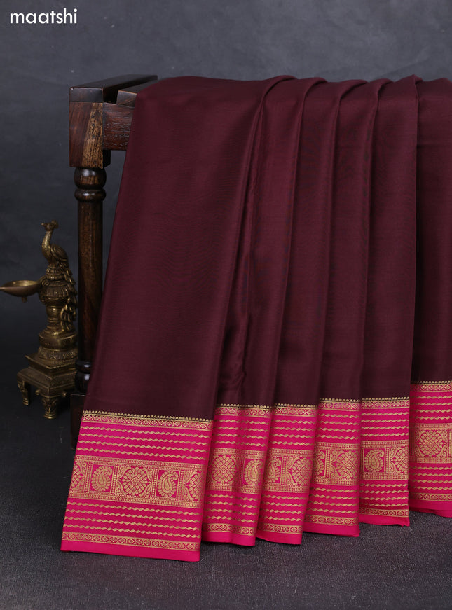 Coffee Brown & Pink Pure Mysore Silk Saree - Contrast Border