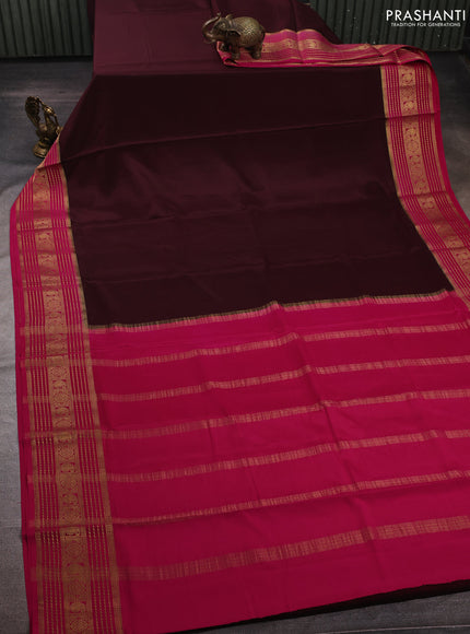 Coffee Brown& Pink Pure Mysore Silk Saree -Contarst Border