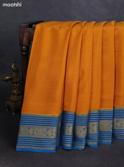 Mustard& Peacock Blue Pure Mysore Silk Saree -Contarst Border