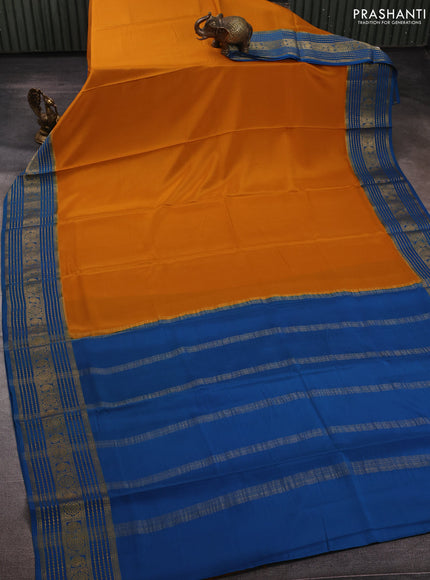 Mustard& Peacock Blue Pure Mysore Silk Saree -Contarst Border